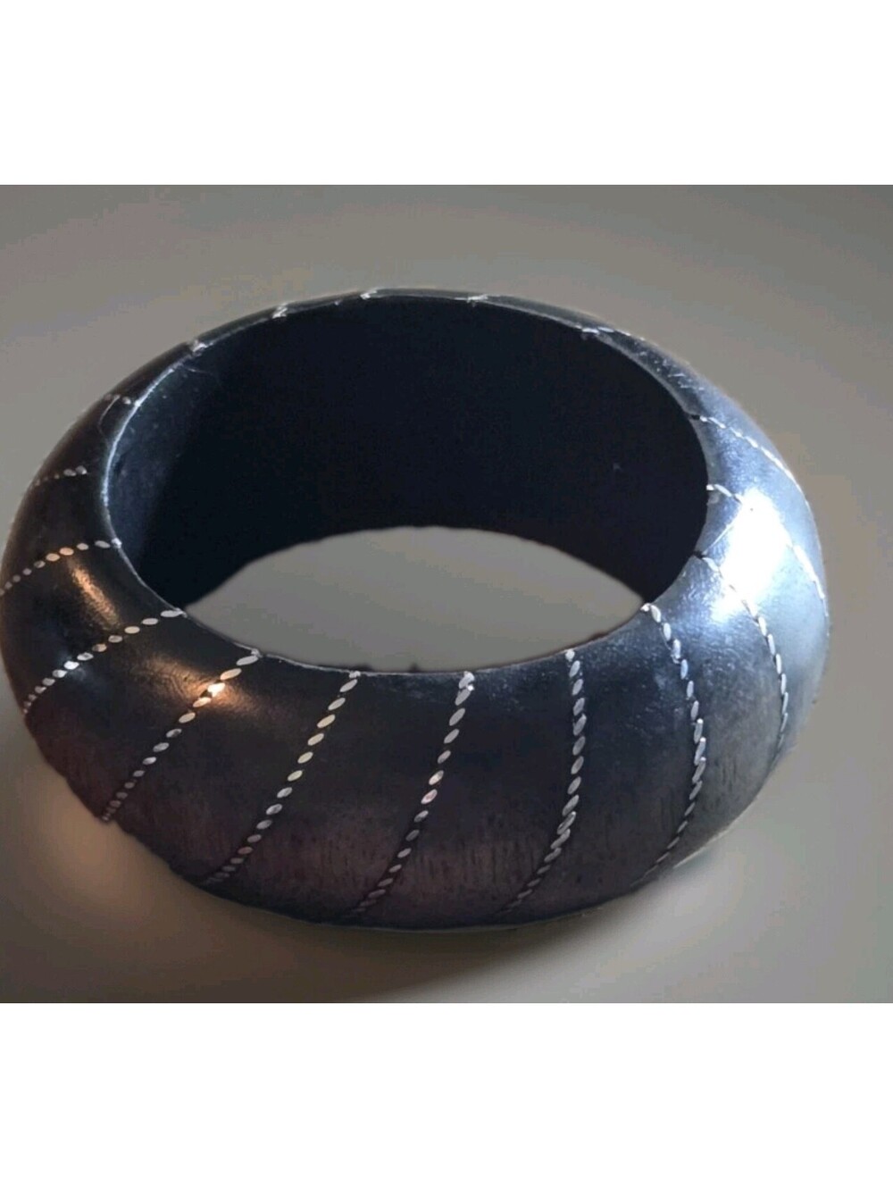Thick Wooden Black Bangle Cuff Bracelet Wood Black With Diagonal Design Lines 8"